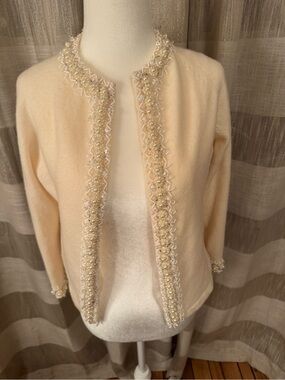 Vintage Valentina Cream-Colored Beaded Cardigan Sweater